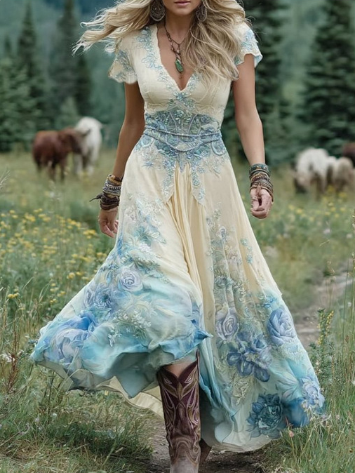 Casual V Neck Floral Regular Fit Dress With No