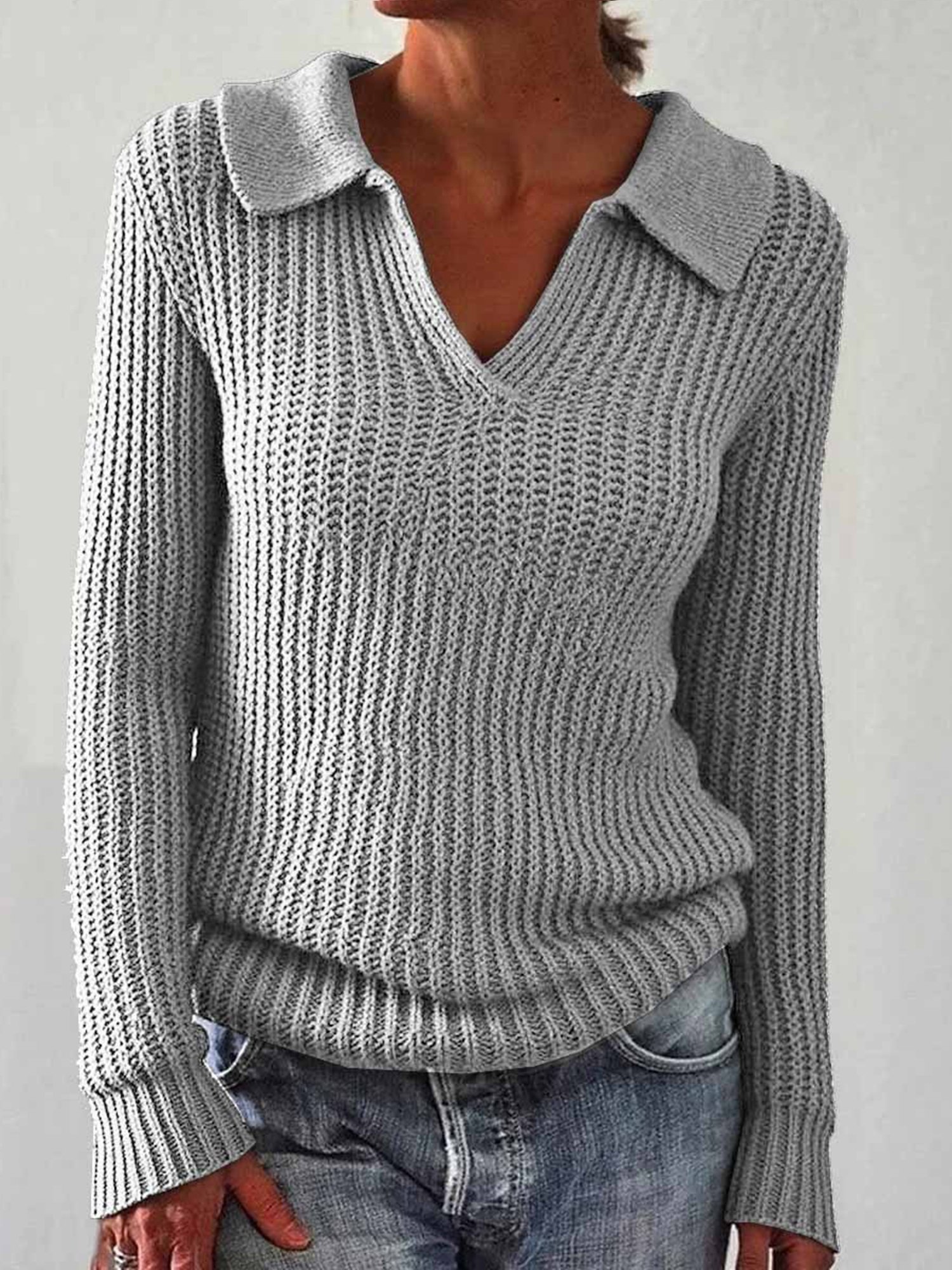 Casual Plain Polo Collar Sweater