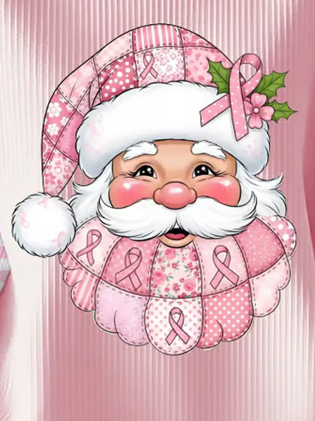 Women's Breast Cancer Awareness Santa Claus Print Ribbed Round-Neck Sweatshirt