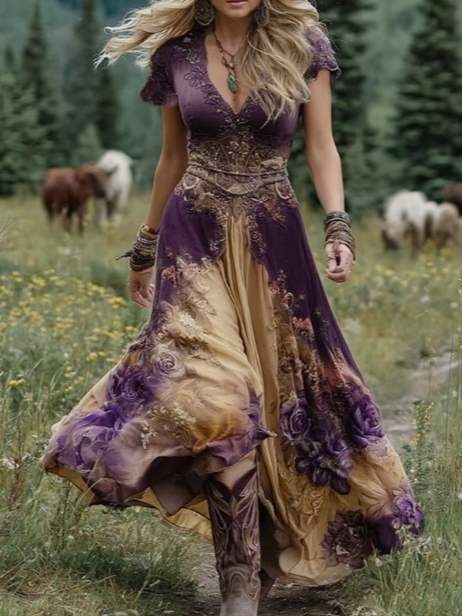 Casual V Neck Floral Regular Fit Dress With No