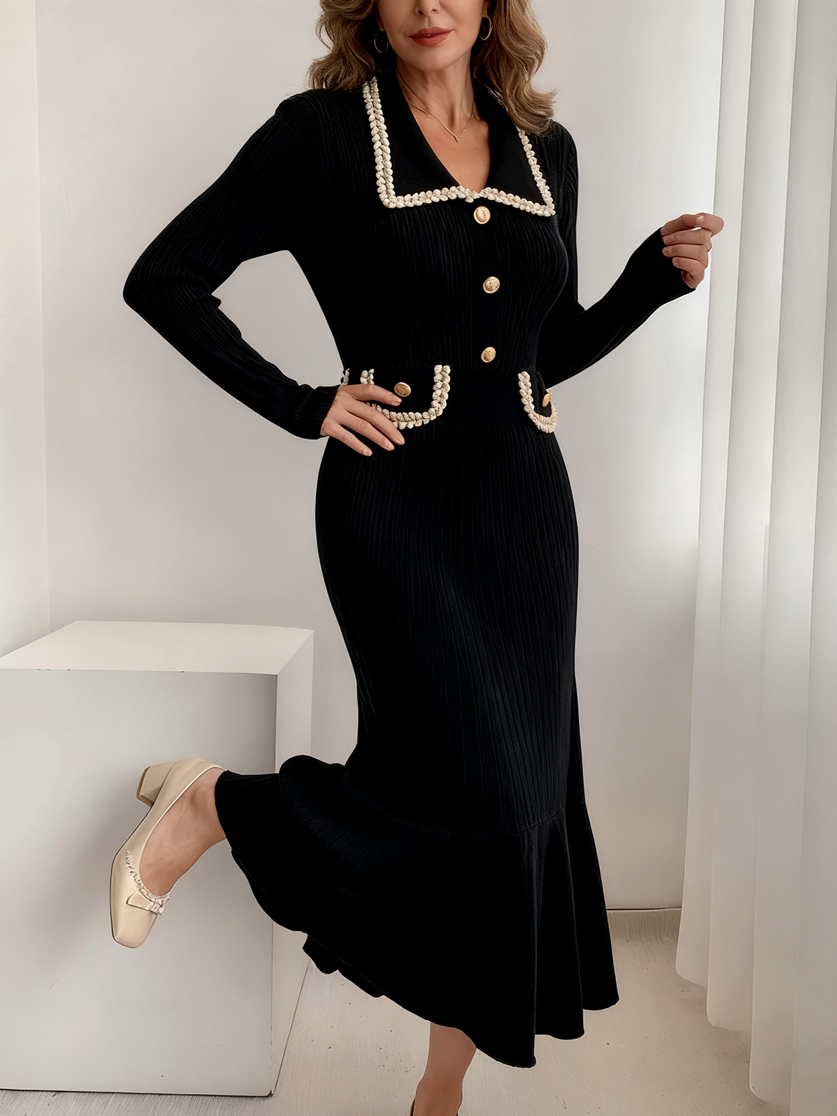 Others Sexy Multicolor Block Wool/Knitting Dress With No