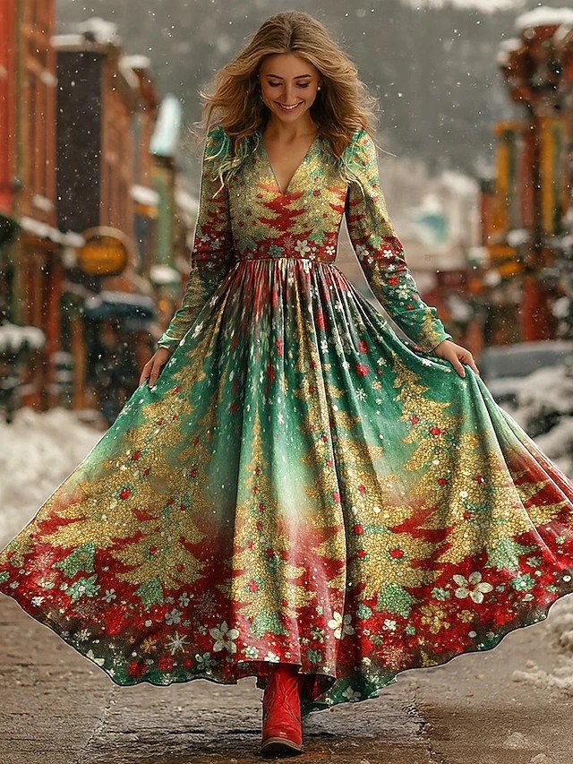 Casual Christmas Loose V Neck Dress With No