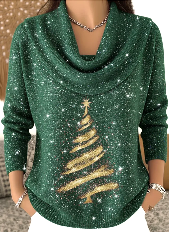 Printing Casual Cowl Neck Christmas Sweater