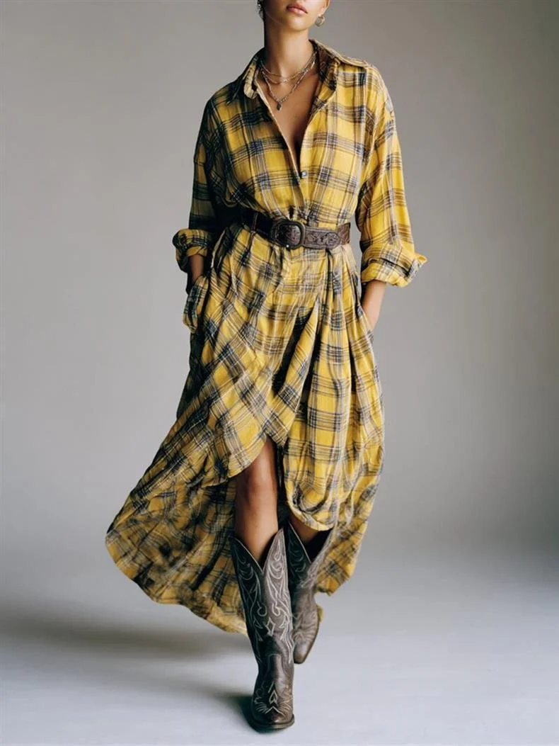 Casual Shawl Collar Plaid Loose Dress With Belt