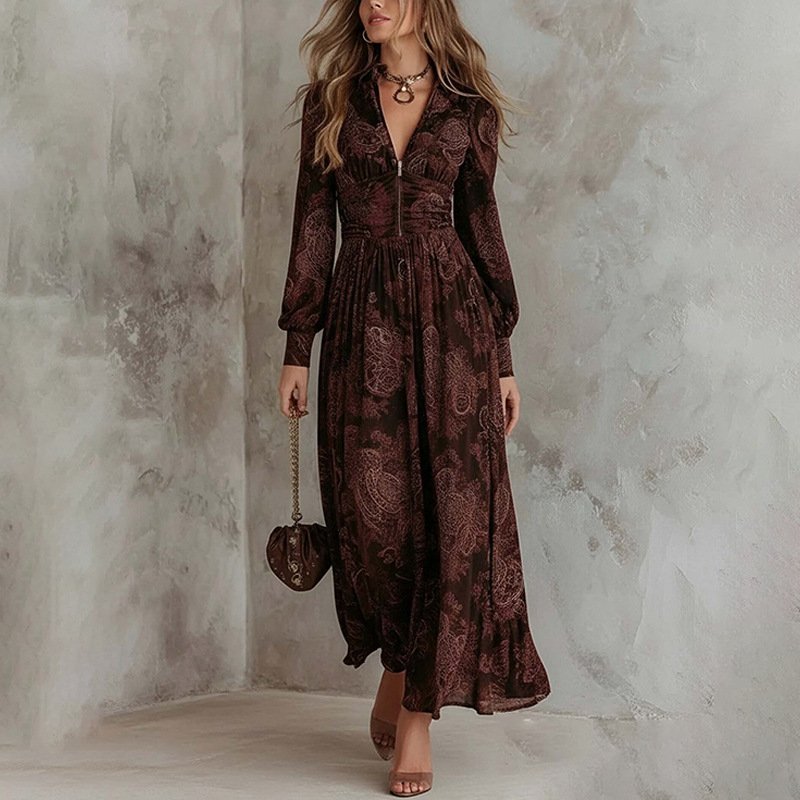 Retro Vacation Print Long-Sleeved V-Neck Fitted Waist Puff Sleeve Maxi Dress