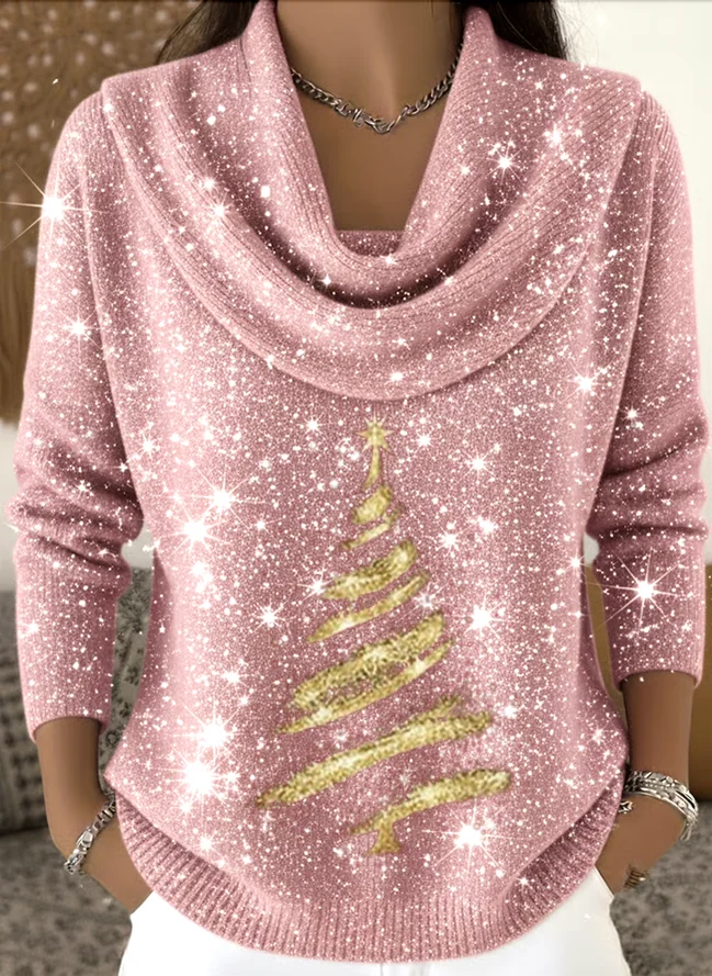 Printing Casual Cowl Neck Christmas Sweater