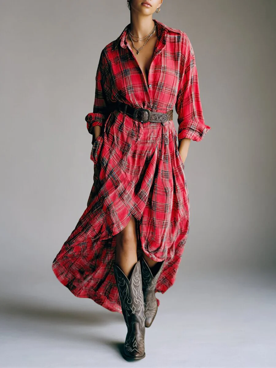 Casual Shawl Collar Plaid Loose Dress With Belt
