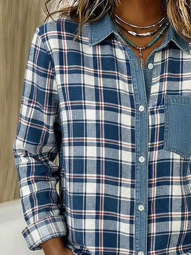 Vintage Loose Shawl Collar Plaid Shirt
