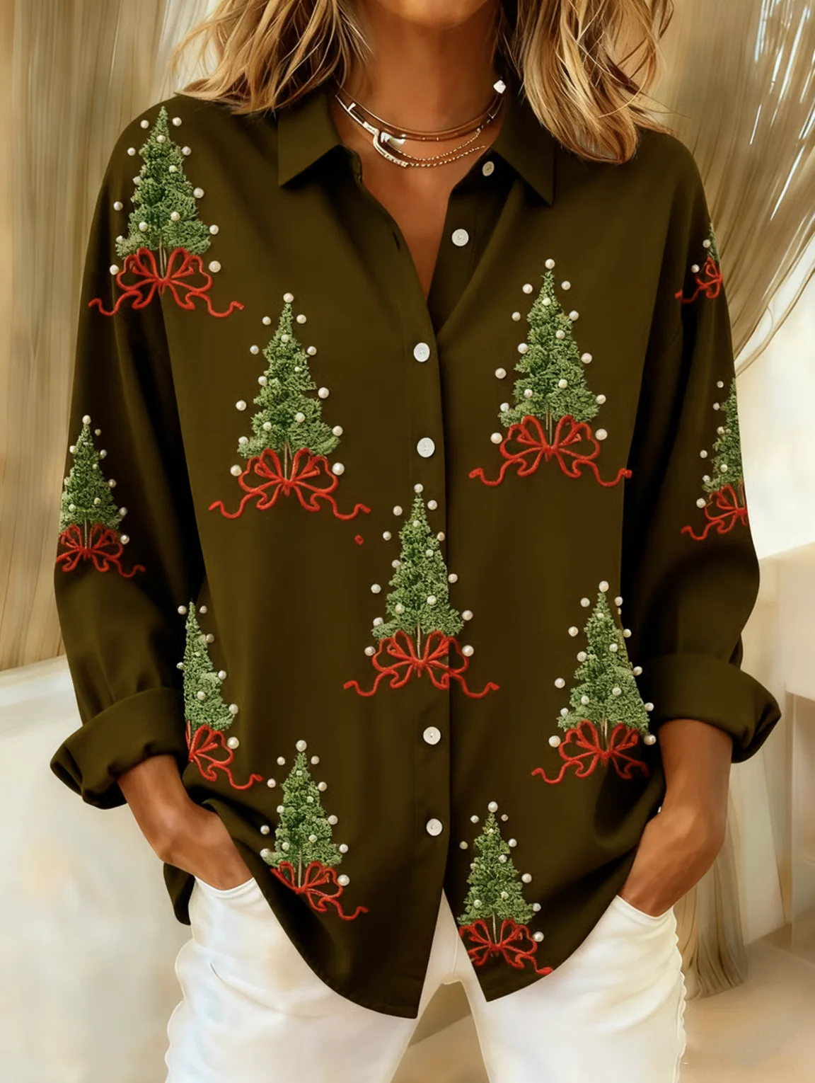 Christmas Loose Shawl Collar Casual Shirt