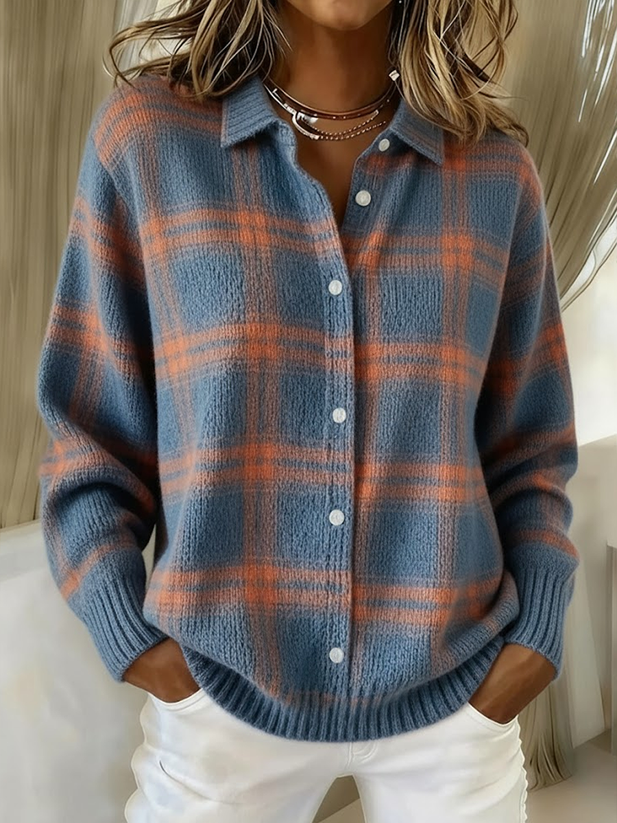 Women's Retro Plaid Casual Collared Button-Up Cardigan