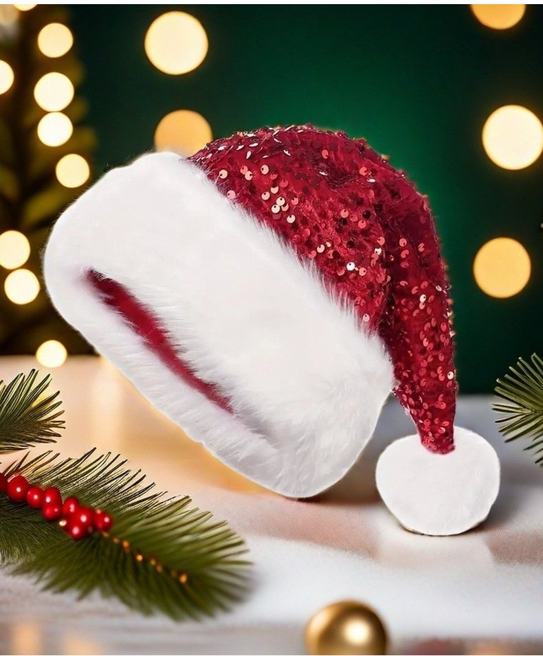 Christmas Red Sequined Bow Thickened Extra Large Pom-Pom Santa Claus Plush Hat