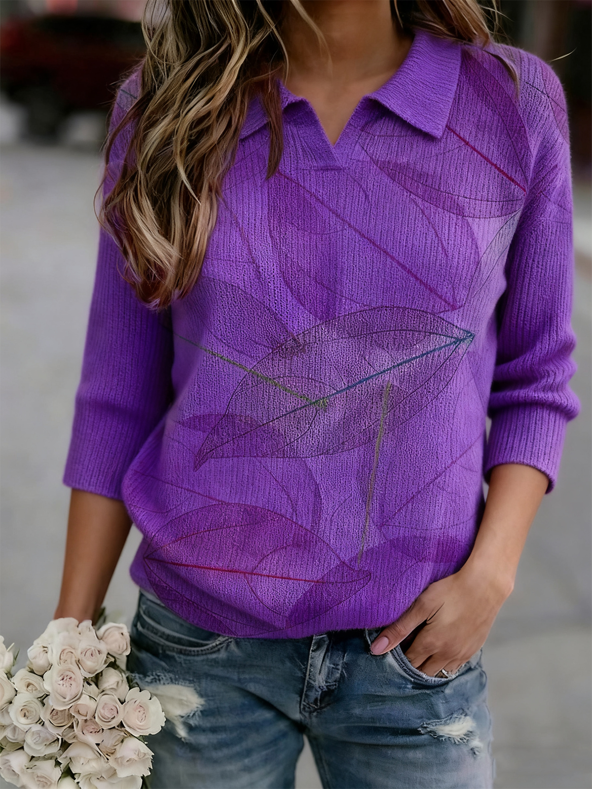 Shawl Collar Leaf Loose Simple Sweater
