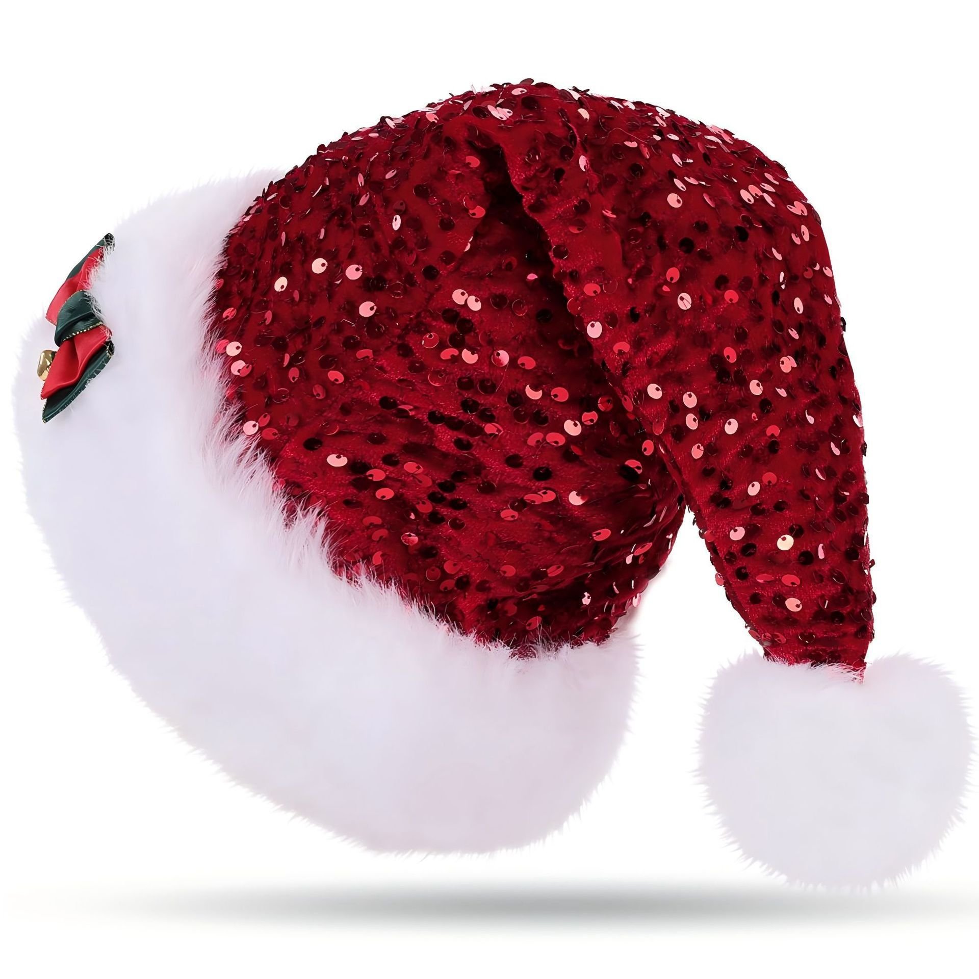 Christmas Red Sequined Bow Thickened Extra Large Pom-Pom Santa Claus Plush Hat
