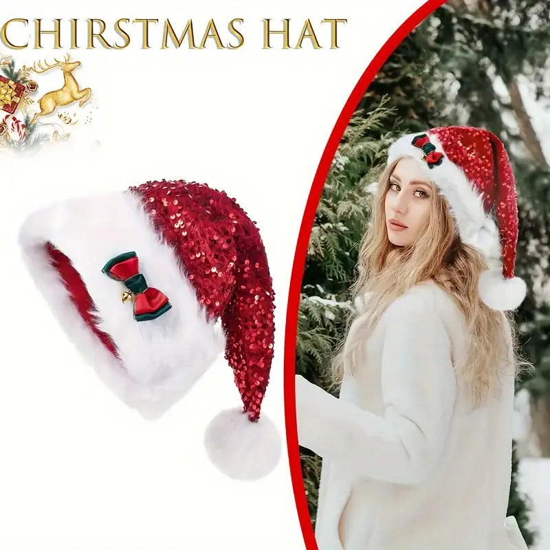 Christmas Red Sequined Bow Thickened Extra Large Pom-Pom Santa Claus Plush Hat