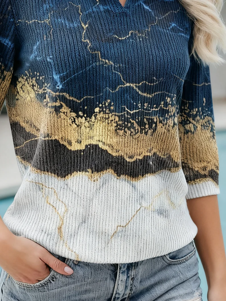 Casual Loose Shawl Collar Gradient Pattern Sweater