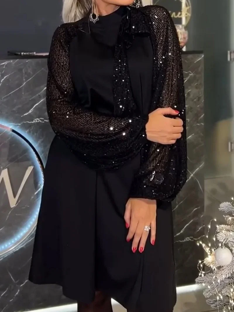 Women's Long Sleeve Spring/Fall Red Plain Split Joint Crew Neck Daily Going Out Vintage Midi A-Line Sequin Dress