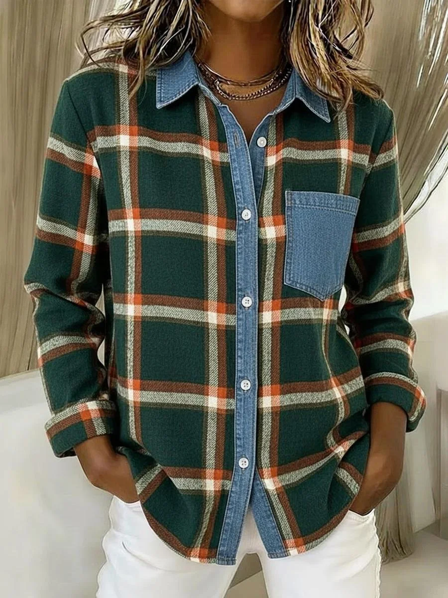 Vintage Loose Shawl Collar Plaid Shirt