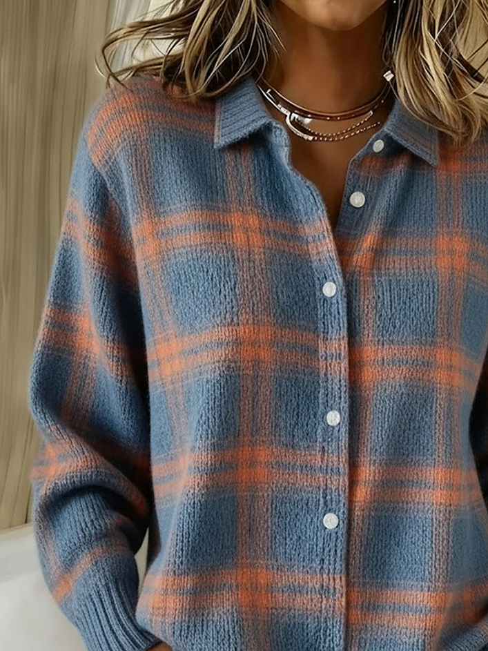 Women's Retro Plaid Casual Collared Button-Up Cardigan