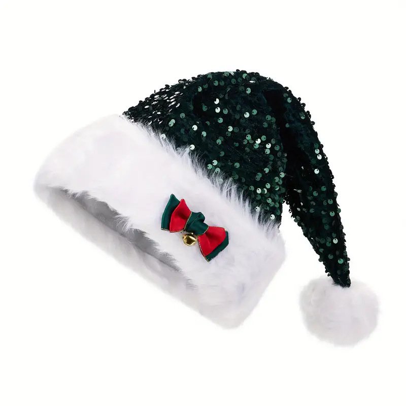 Christmas Red Sequined Bow Thickened Extra Large Pom-Pom Santa Claus Plush Hat
