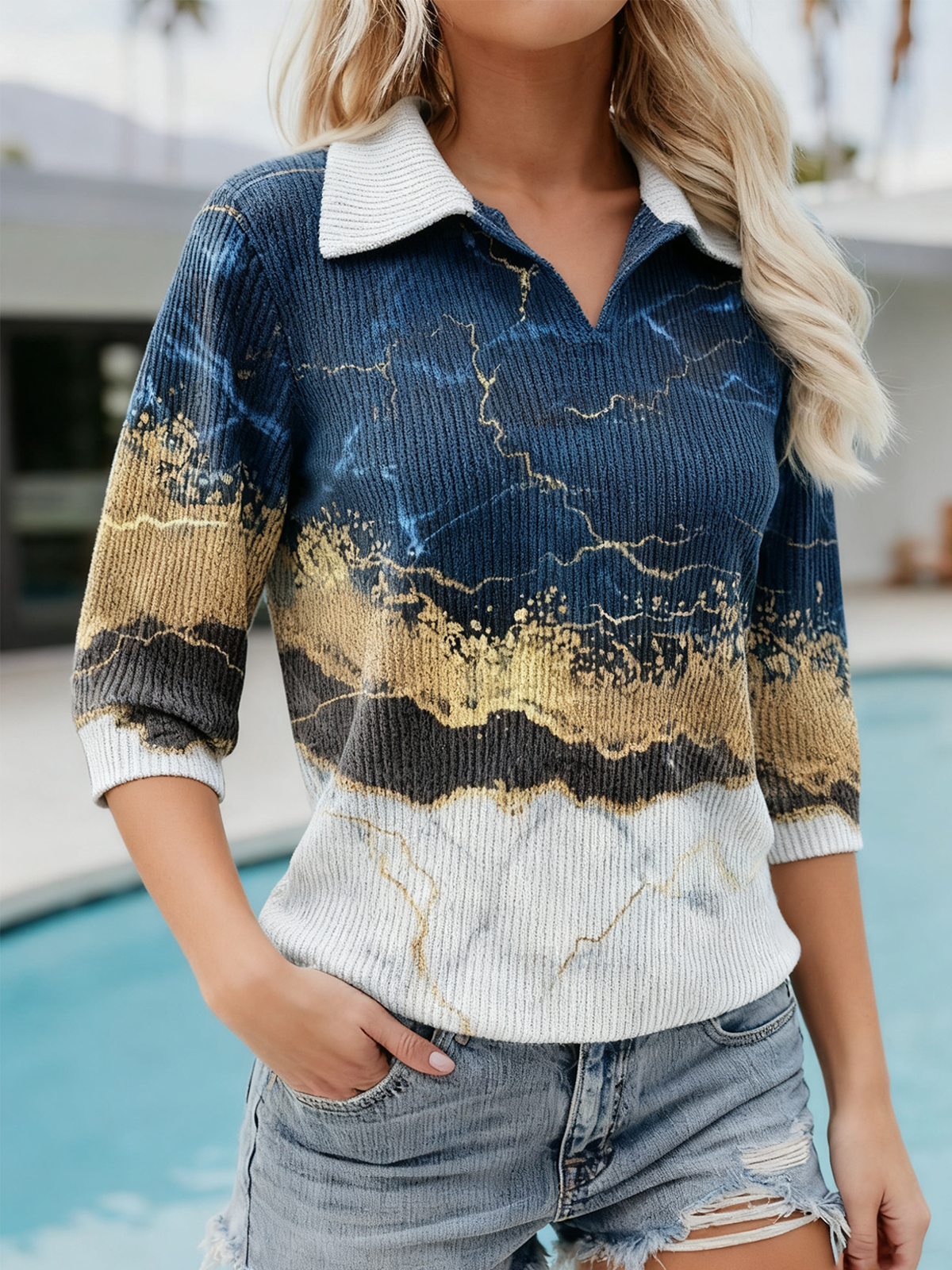 Casual Loose Shawl Collar Gradient Pattern Sweater