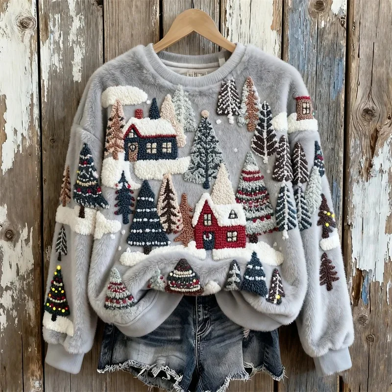 Casual Crew Neck Loose Flannel Sweatshirt