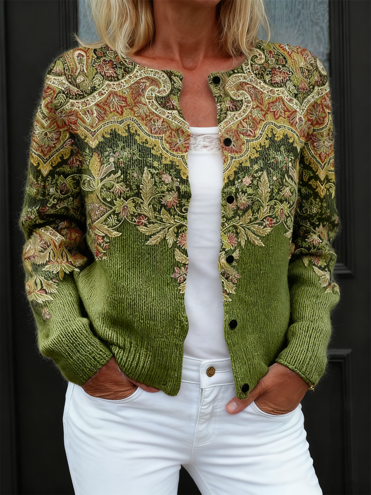 Women's National Totem Art Print Buttoned Cardigan Sweater