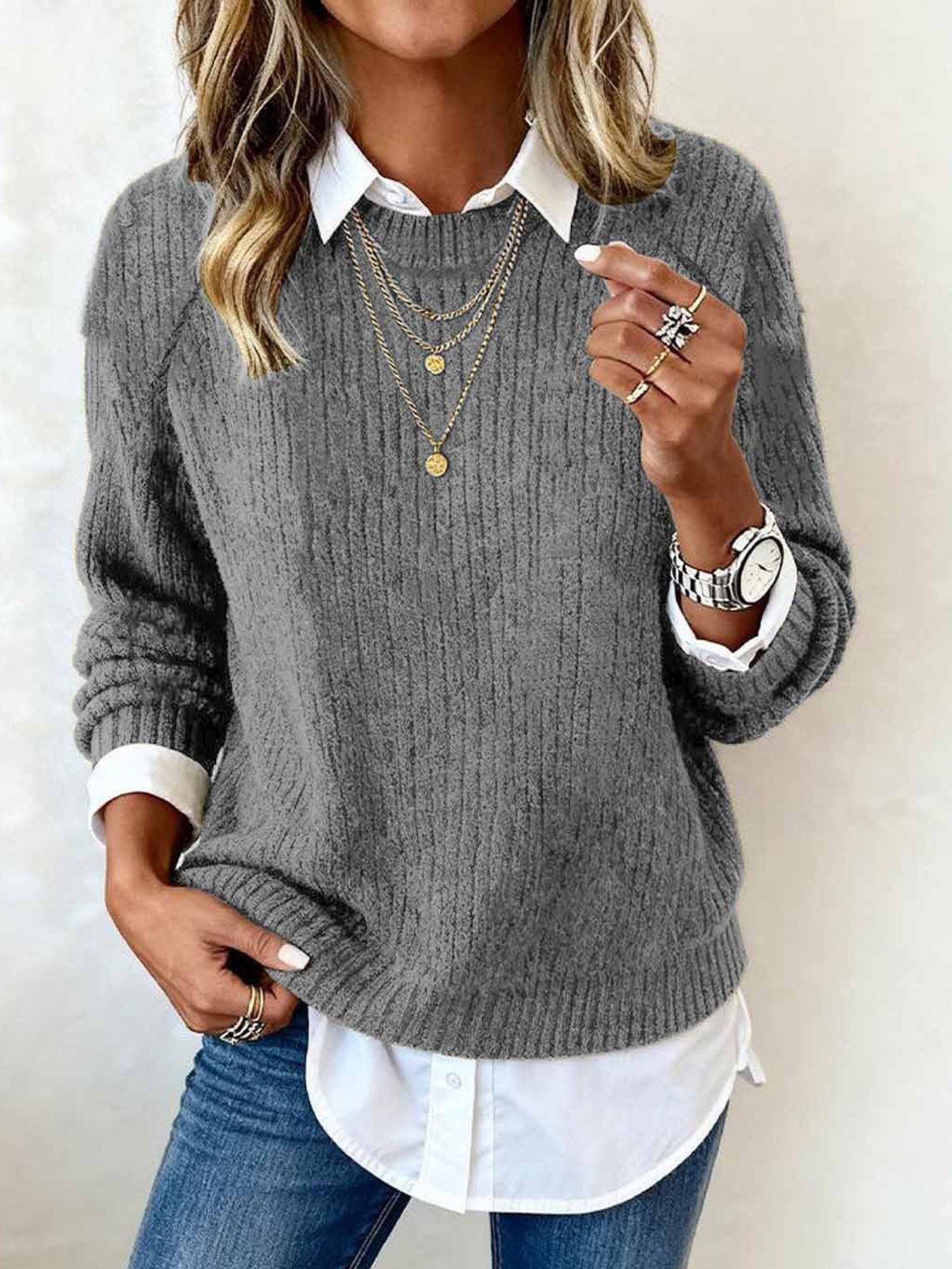 Casual Plain Crew Neck Sweater
