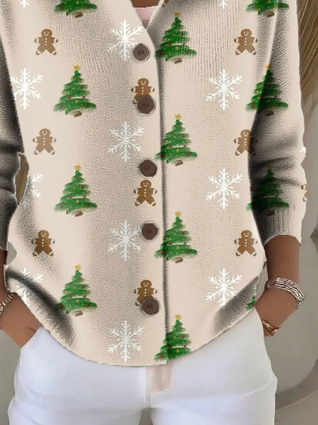 Women's Christmas Print Casual Button-Down Collar Cardigan