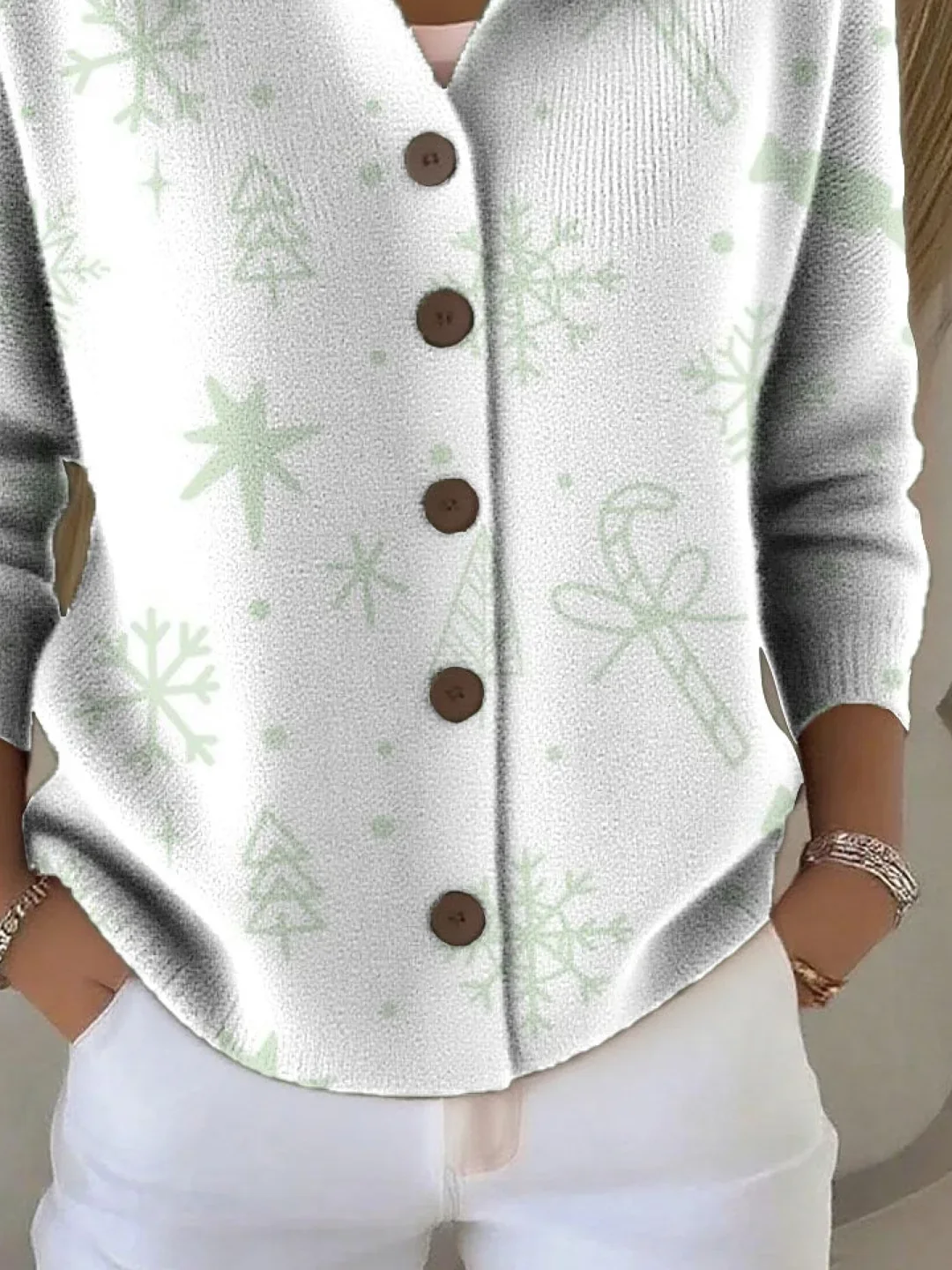 Women's Christmas Print Casual Button-Down Collar Cardigan