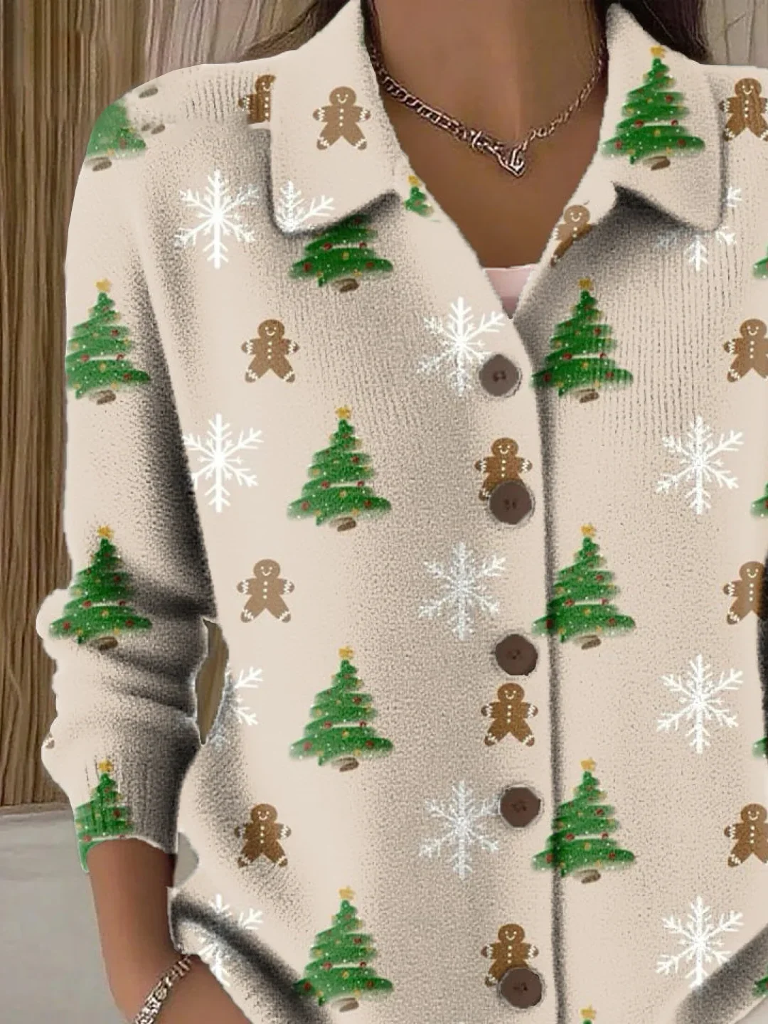 Women's Christmas Print Casual Button-Down Collar Cardigan