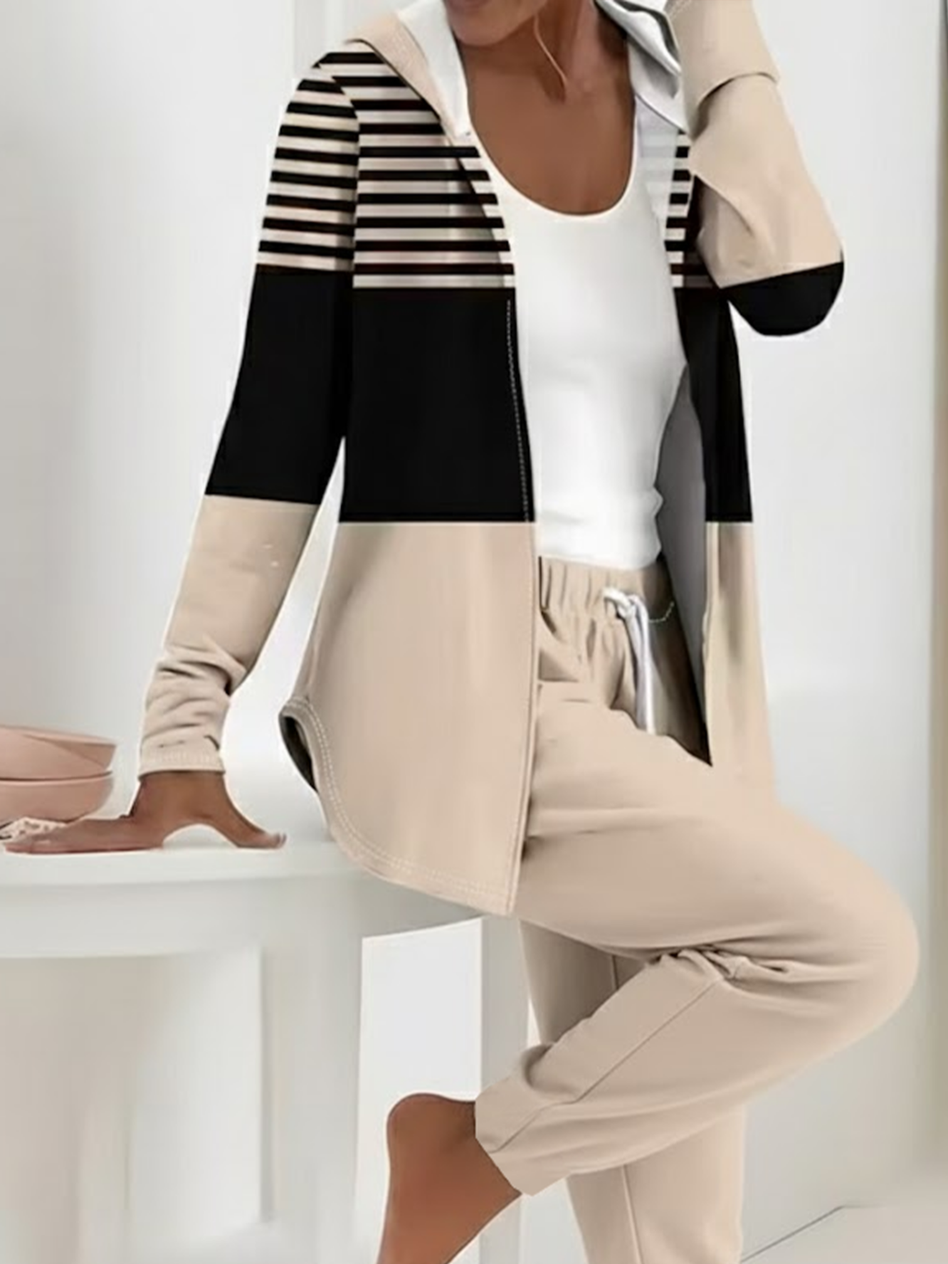 Women's Printing Striped Daily Going Out Two-Piece Set Apricot Casual Spring/Fall Coat With Pants Matching Set