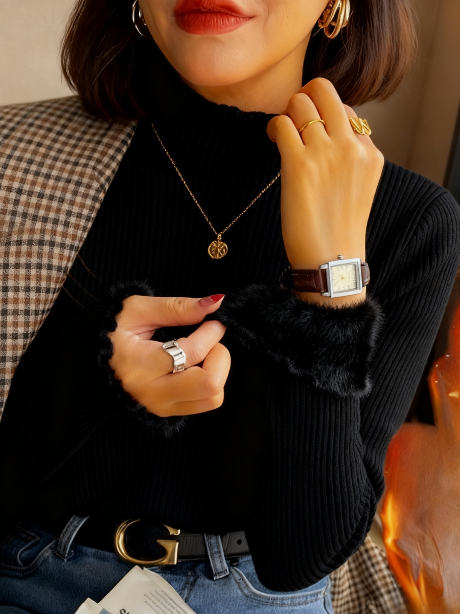 Oatmeal Plain Sweater With Ruffled Trim Thickened Fleece Lining, Stylish And Slim-fitting Knit Base Layer For Women