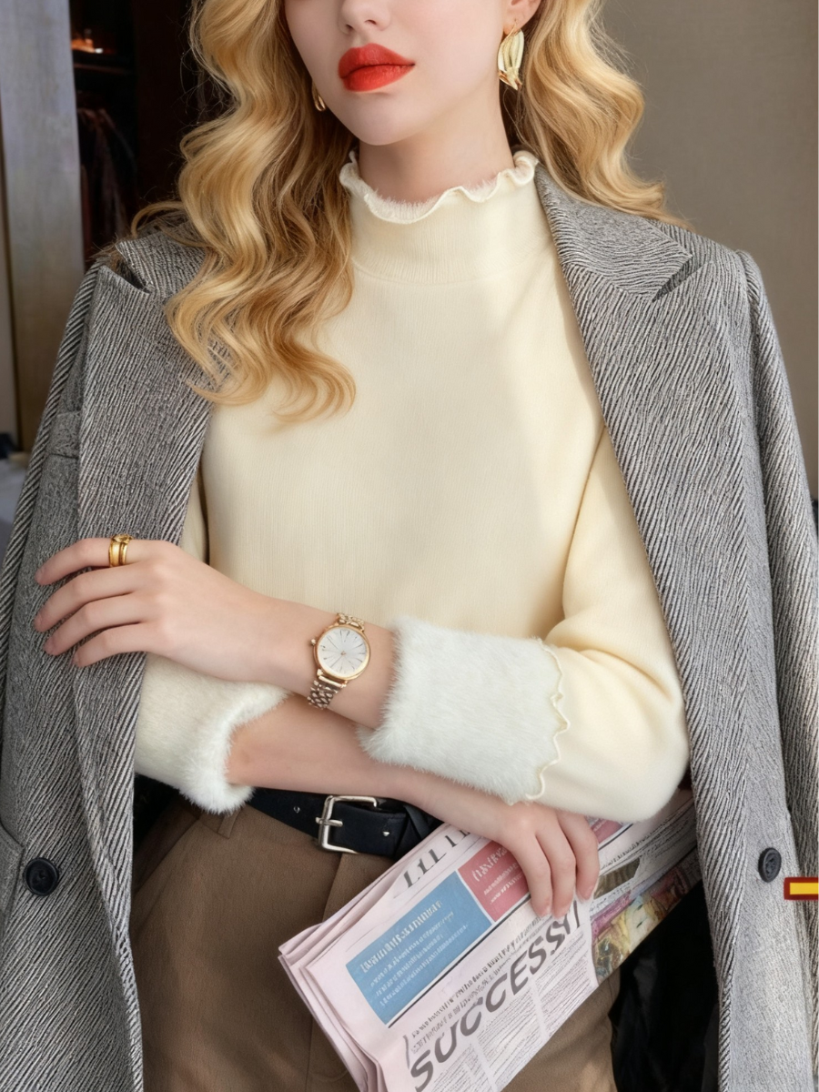 Oatmeal Plain Sweater With Ruffled Trim Thickened Fleece Lining, Stylish And Slim-fitting Knit Base Layer For Women