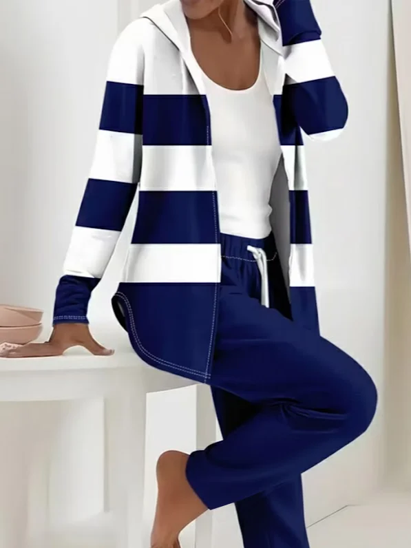 Women's Printing Striped Daily Going Out Two-Piece Set Purplish Blue Casual Spring/Fall Coat With Pants Matching Set