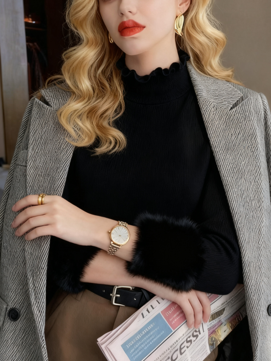 Oatmeal Plain Sweater With Ruffled Trim Thickened Fleece Lining, Stylish And Slim-fitting Knit Base Layer For Women