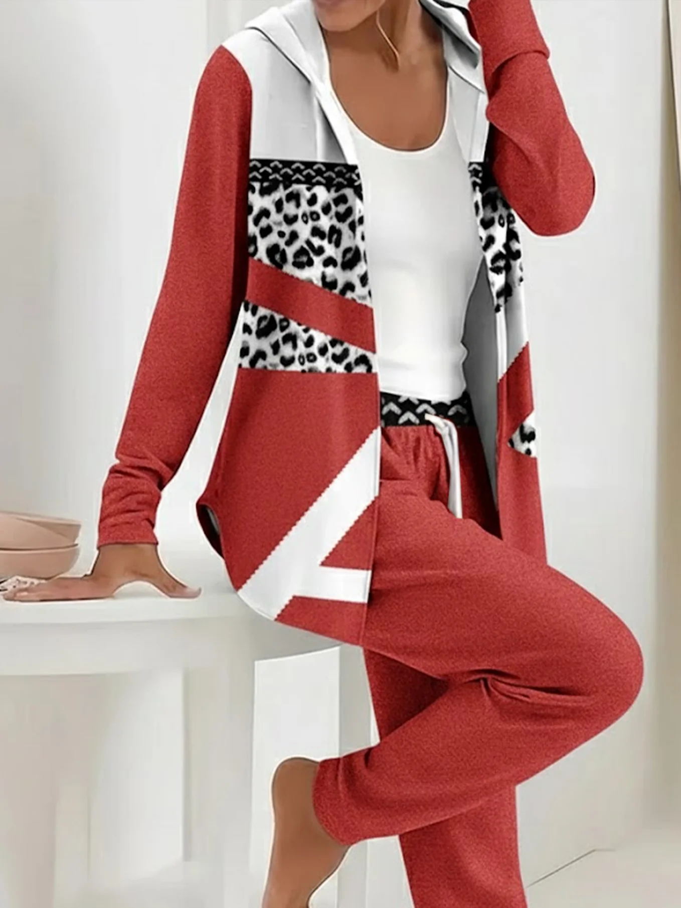 Women's Printing Abstract Daily Going Out Two-Piece Set Red Casual Spring/Fall Coat With Pants Matching Set