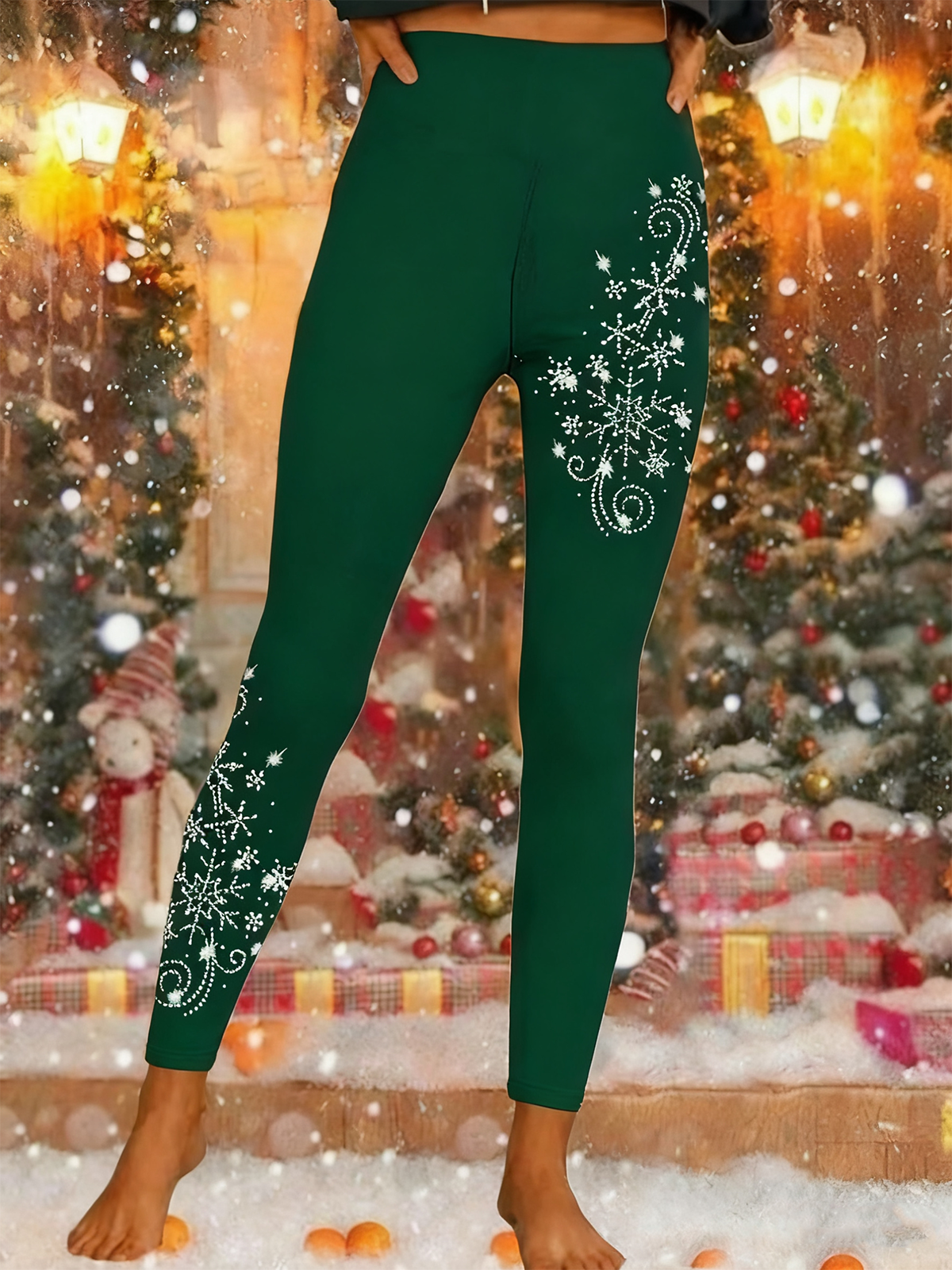 Women's Shiny Christmas Snowflake Print Casual Leggings