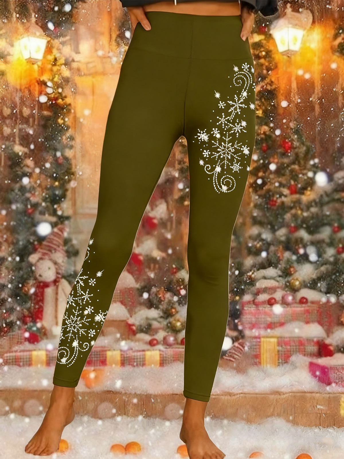 Women's Shiny Christmas Snowflake Print Casual Leggings