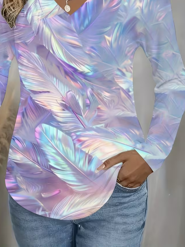 Women's Long Sleeve T-shirt Spring/Fall As Picture Abstract Printing Jersey V Neck Daily Going Out Casual Top