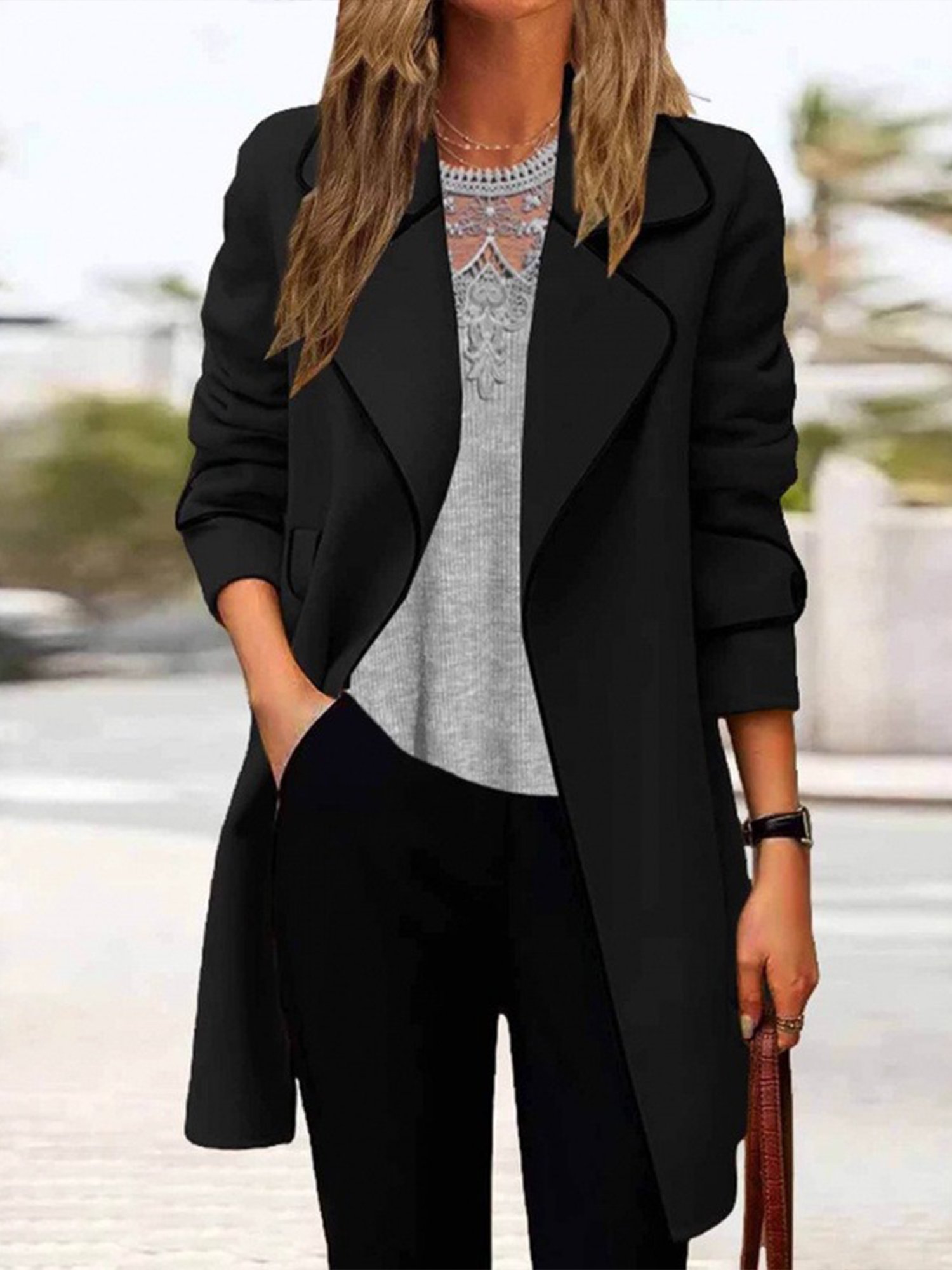 Urban Color Block Lapel Collar Coat