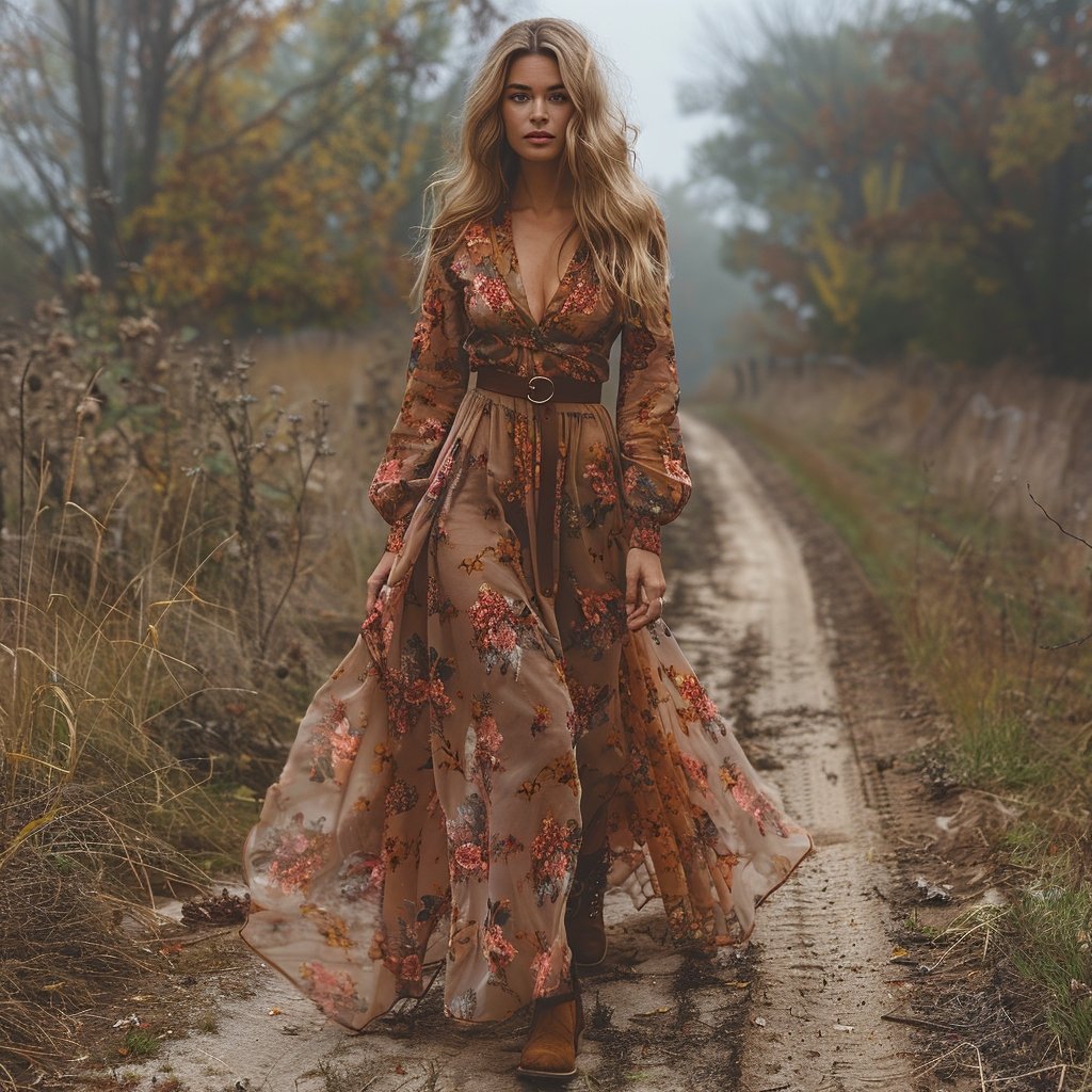 Floral Boho Regular Fit V Neck Dress With No