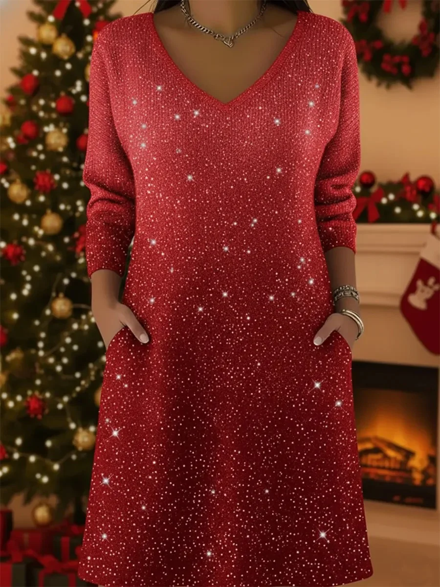 Holiday Comfortable Cashmere Long-Sleeved V-Neck Dress