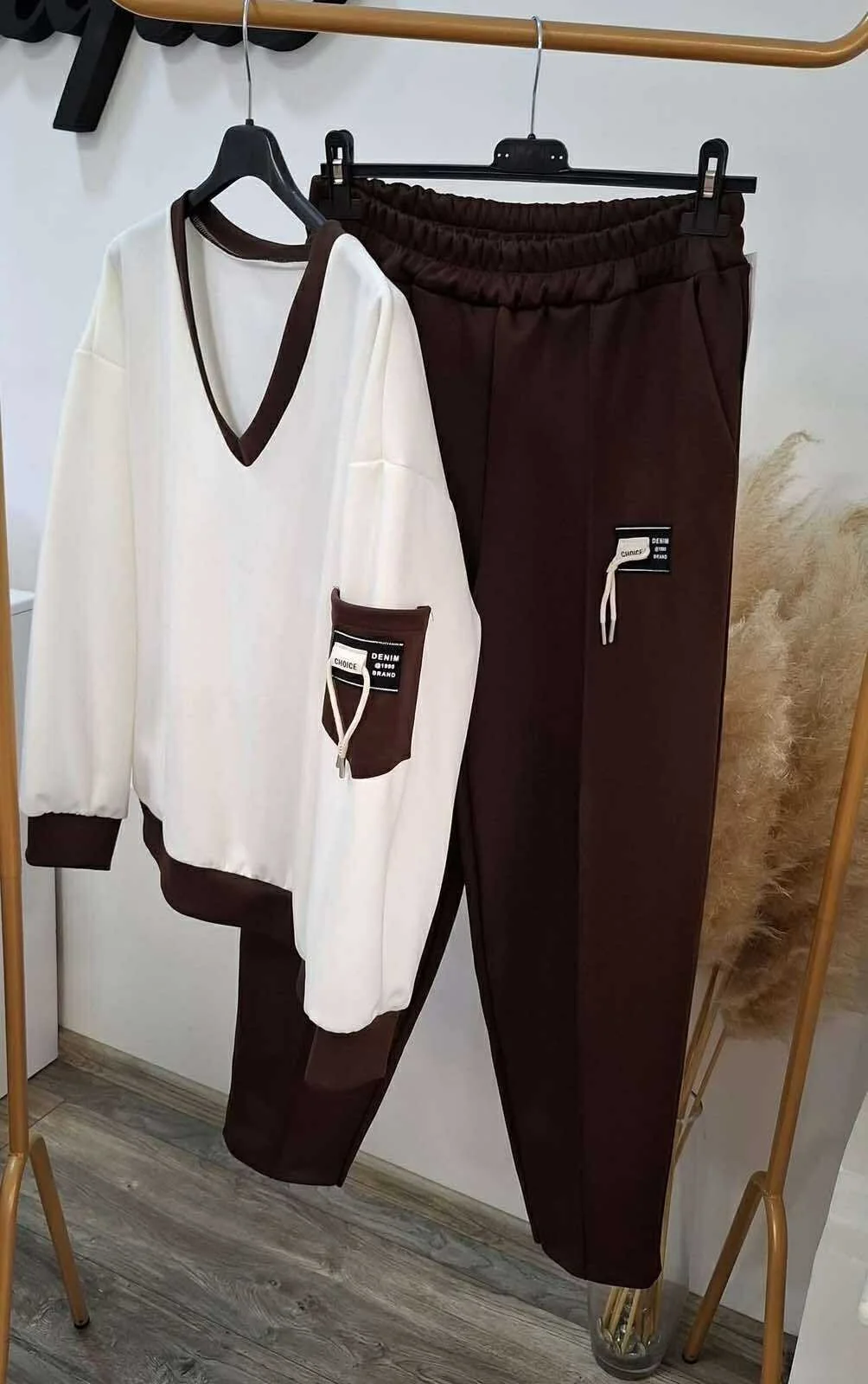 Multicolor Block Street V Neck Loose Two-Piece Set