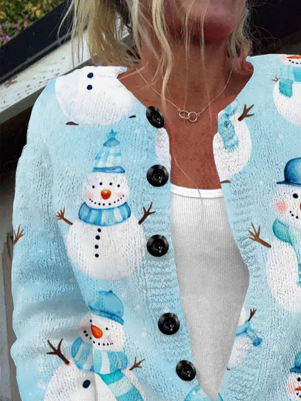 Crew Neck Christmas Snowman Printing Vintage Cardigan