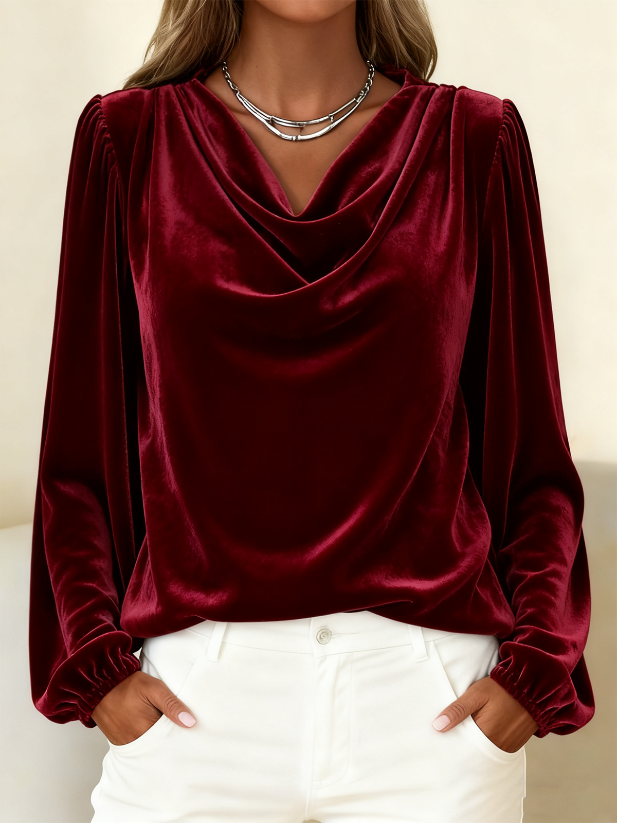 Plain Cowl Neck Elegant Balloon Sleeve Loose T-Shirt