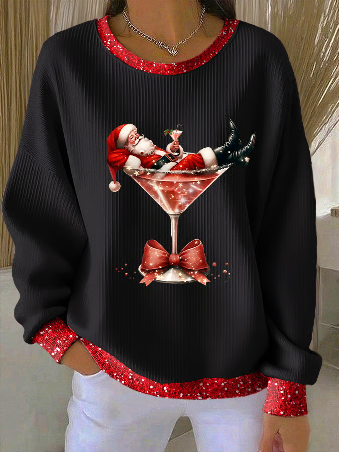 Christmas Wine Glass Loose Printing Casual Sweatshirt