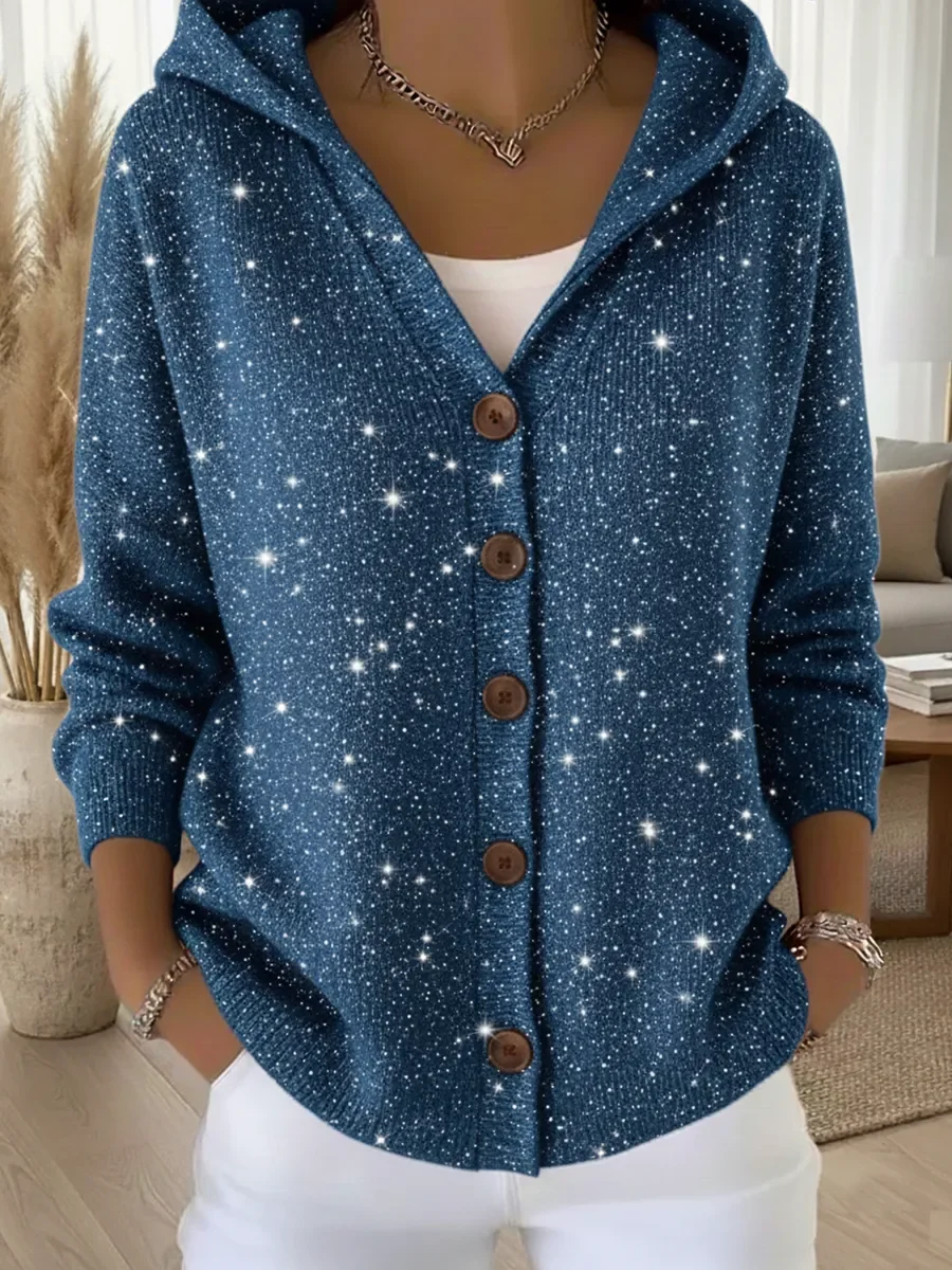 Women's Casual Christmas Party Sequin Print Button-Up Hooded Cardigan