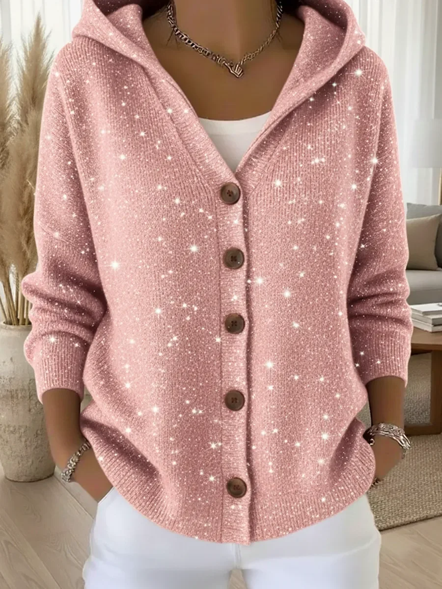 Women's Casual Christmas Party Sequin Print Button-Up Hooded Cardigan