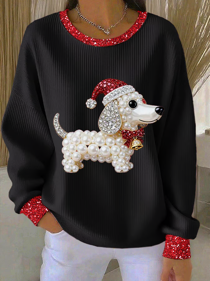 Crew Neck Christmas Dog Printing Casual Sweatshirt