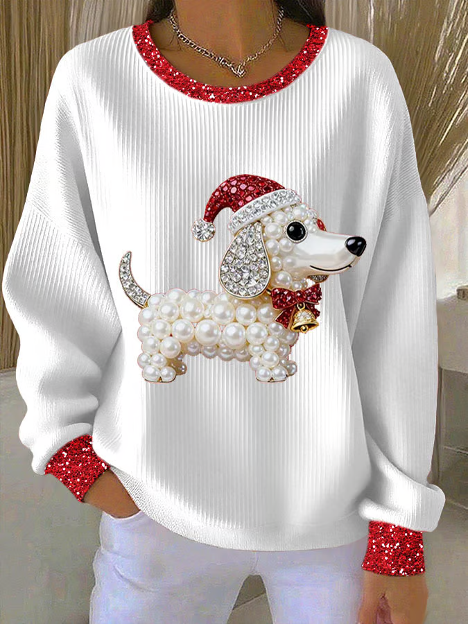Crew Neck Christmas Dog Printing Casual Sweatshirt